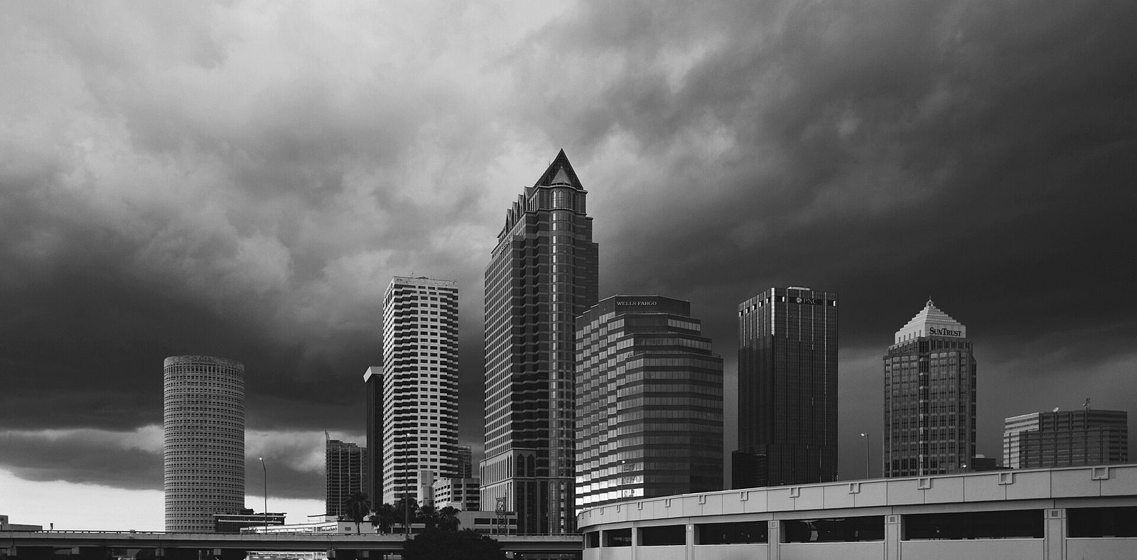 Tampa skyline from the Riverwalk waterfront, with downtown towers across the Hillsborough River