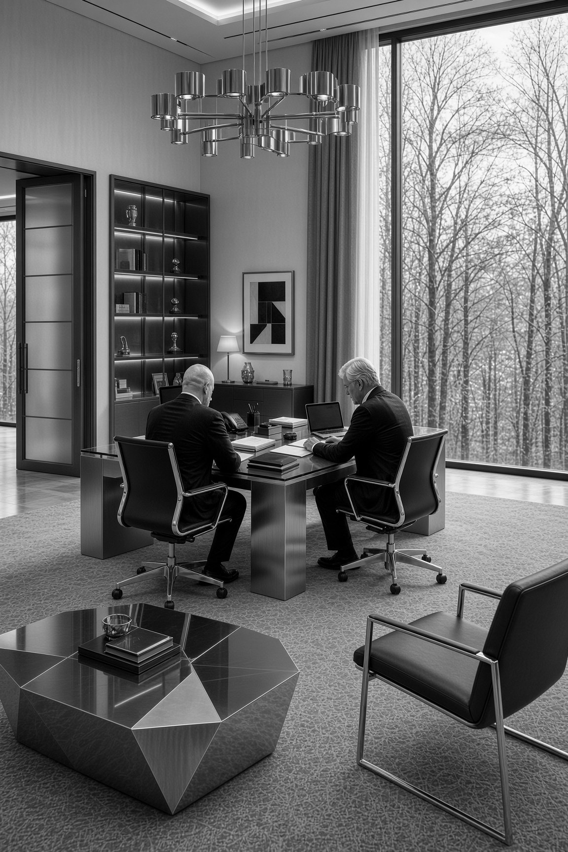Two executives reviewing documents at a desk in a modern institutional office